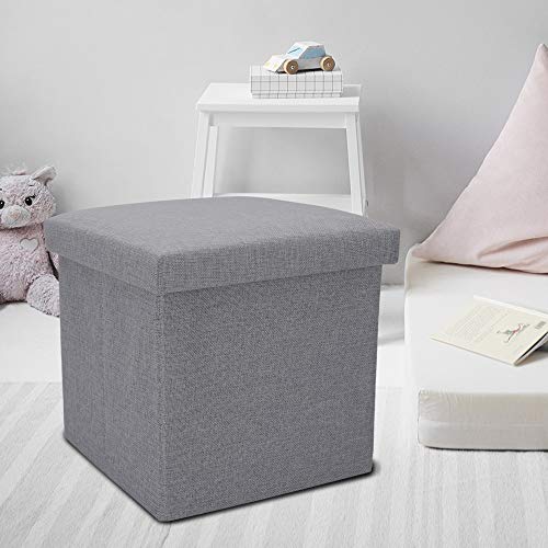 Intirilife Puff Baúl Plegable 38x38x38 cm in Gris Alaska – Taburete Almacenaje Tapizado de Textil Tela Óptica Lino per Almacenamiento y Reposapiés – Asiento Silla Tejido Banqueto