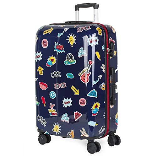 ITACA - Maleta de Viaje Juvenil Infantil Rígida 4 Ruedas Trolley Mediana de Policarbonato Estampado. Dura Cómoda Resistente y Ligera. Candado. Regalo. Calidad y Diseño. 702260, Color Marino