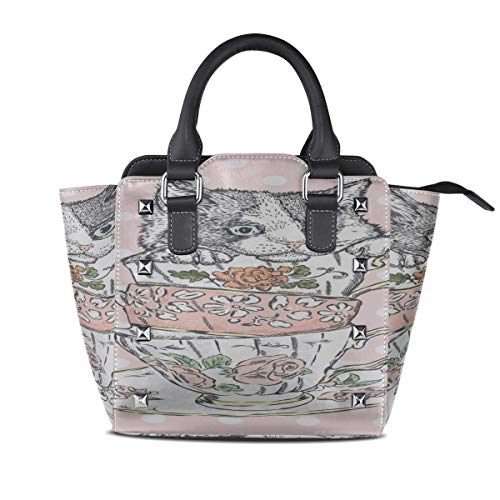 IUBBKI Bolso de mano cruzado para mujer Lindo gatito Plato de porcelana Mango personalizado Monederos Pu Cuero Remache Portátil Impresión de moda Agua