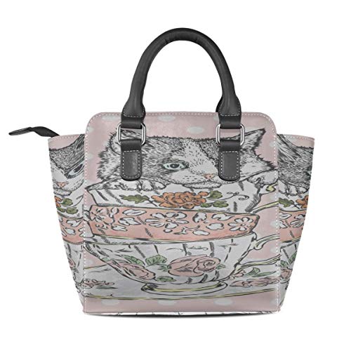 IUBBKI Bolso de mano cruzado para mujer Lindo gatito Plato de porcelana Mango personalizado Monederos Pu Cuero Remache Portátil Impresión de moda Agua