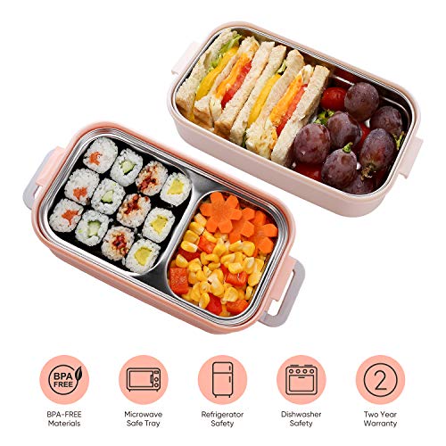 Jelife Fiambreras Bento de Dos Pisos Caja Comida de Almuerzo Fiambrera Térmica de Acero Inoxidable Contenedor de Alimentos para Trabajo Colegio Viajes Adultos Niños (Rosa y Blanco)