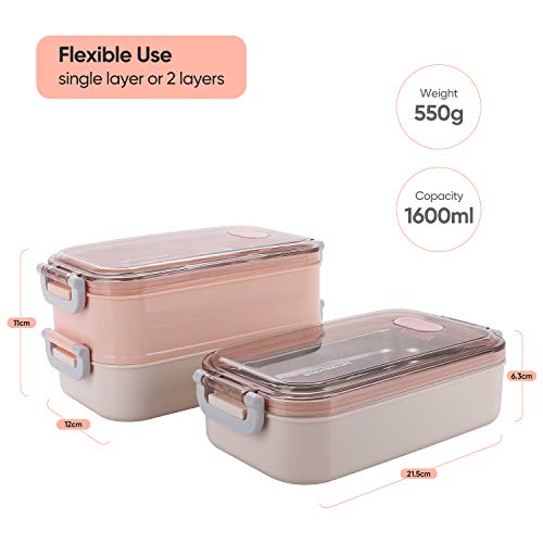 Jelife Fiambreras Bento de Dos Pisos Caja Comida de Almuerzo Fiambrera Térmica de Acero Inoxidable Contenedor de Alimentos para Trabajo Colegio Viajes Adultos Niños (Rosa y Blanco)