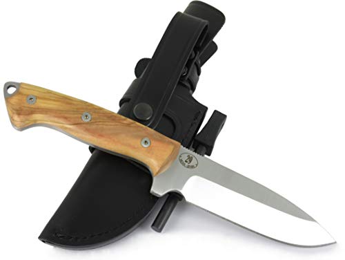 JEO-TEC Nº29 Cuchillo Supervivencia Caza Monte bushcraft Camping Outdoor Campo - Funda de Piel con pedernal y Piedra afilar incluidos - Acero MOVA 58 - Fabricado en España (Olivo)