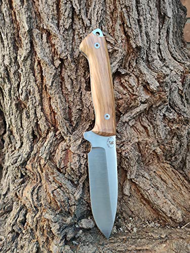 JEO-TEC Nº29 Cuchillo Supervivencia Caza Monte bushcraft Camping Outdoor Campo - Funda de Piel con pedernal y Piedra afilar incluidos - Acero MOVA 58 - Fabricado en España (Olivo)