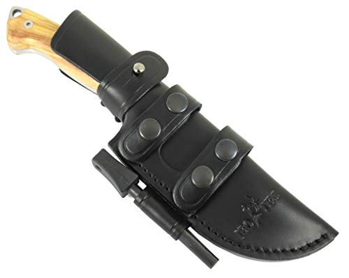 JEO-TEC Nº29 Cuchillo Supervivencia Caza Monte bushcraft Camping Outdoor Campo - Funda de Piel con pedernal y Piedra afilar incluidos - Acero MOVA 58 - Fabricado en España (Olivo)