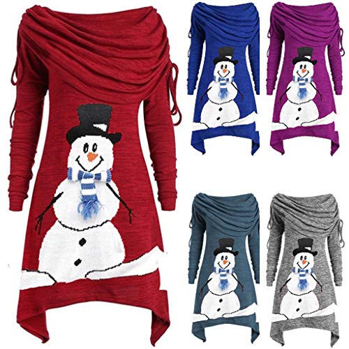 Jersey de Navidad para mujer, tallas grandes, suelto asimétrico, de manga larga, para otoño, con cuello tipo túnica EU-36/CN-M #03 Schneemann Lila