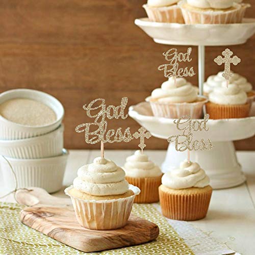 JeVenis 25 piezas de decoración para cupcakes con purpurina con texto en inglés «God Bless This Child» para decoración de pasteles, decoración para