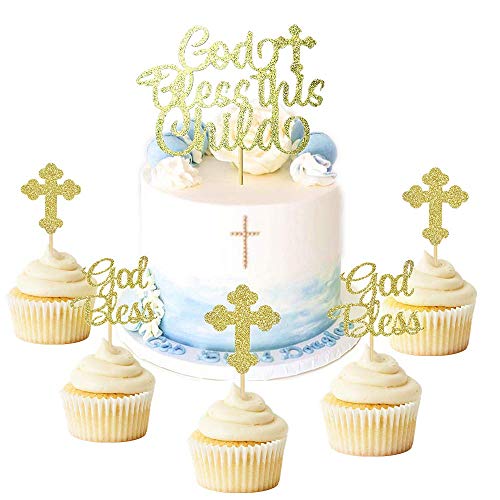 JeVenis 25 piezas de decoración para cupcakes con purpurina con texto en inglés «God Bless This Child» para decoración de pasteles, decoración para