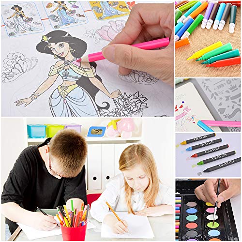 JiaHome Juego de Herramientas de Dibujo para niños, 154 Piezas Actividad Creativa Ceras Colores Lapiceros Acuarelas Rotuladores | Kit Artistico Ideal Regalar| Juego de Dibujo Pintura Moldes