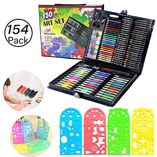 JiaHome Juego de Herramientas de Dibujo para niños, 154 Piezas Actividad Creativa Ceras Colores Lapiceros Acuarelas Rotuladores | Kit Artistico Ideal Regalar| Juego de Dibujo Pintura Moldes