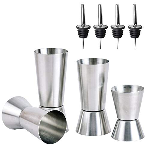 Jicyor Vaso Medidor Cocktail Double, 4pcs Acero Inoxidable Drink Coctelera Jigger + 4pcs Bebidas Alcoholicas Vertedores Boquilla Cónica para Bar Fiesta Vino Cóctel Bebida