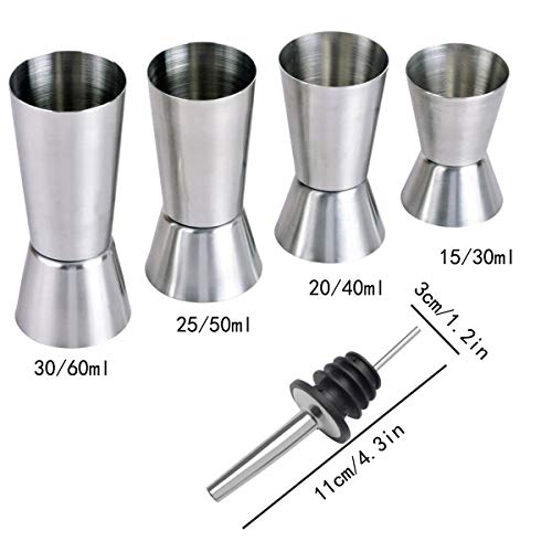 Jicyor Vaso Medidor Cocktail Double, 4pcs Acero Inoxidable Drink Coctelera Jigger + 4pcs Bebidas Alcoholicas Vertedores Boquilla Cónica para Bar Fiesta Vino Cóctel Bebida