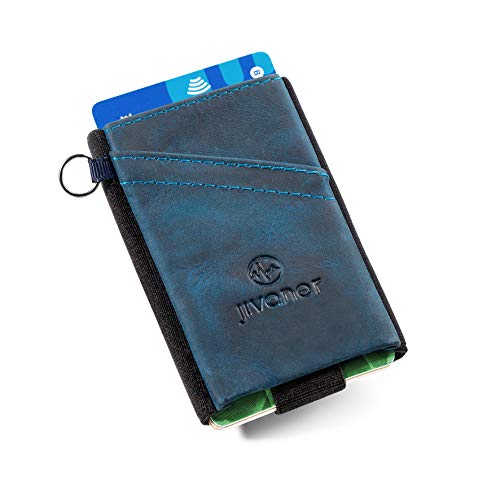 JIVANER Ultra Slim: Cartera Hombre de Piel Azul - Cartera Minimalista - Tarjetero RFID Bloqueo - Billetera Monedero pequeña y Delgada - Mini portamonedas de diseño y Elegante