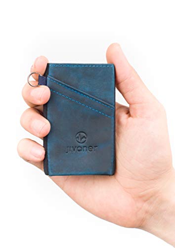 JIVANER Ultra Slim: Cartera Hombre de Piel Azul - Cartera Minimalista - Tarjetero RFID Bloqueo - Billetera Monedero pequeña y Delgada - Mini portamonedas de diseño y Elegante