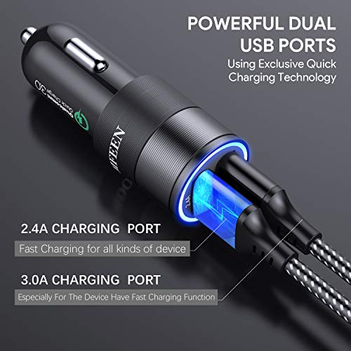 JOOMFEEN USB Tipo C Cargador de Coche,Quick Charge 3.0+2.4A 30W Carga Rapida Doble Puertos USB Adaptador cargador de coche con Cable USB C para Samsung Galaxy S10E/S9/S8/Note 8,LG G6,Huawei P20/Mate10