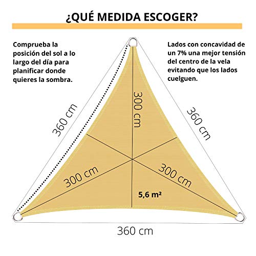 Joyards Toldo Vela de Sombra Triangular 3.6 Metros Transpirable Color Arena | Se instala fácil en fachada Exterior, terrazas, jardín, pérgola, Patio o balcón | Toldo Completo: 3 Cuerdas 1,5m y Manual