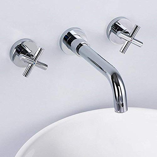 jruia 3 agujeros de montaje en pared – Grifo empotrado baño grifo de 2 Palanca Mezclador de lavabo grifo de pared para lavabo latón cromo caño de 180 cm