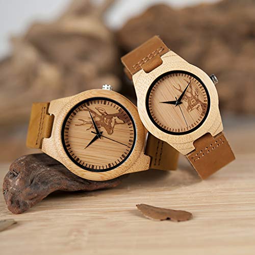 JSY - Reloj de madera de bambú con correa de cuero real, reloj de madera, para hombre y mujer, reloj de pulsera (color: macho)