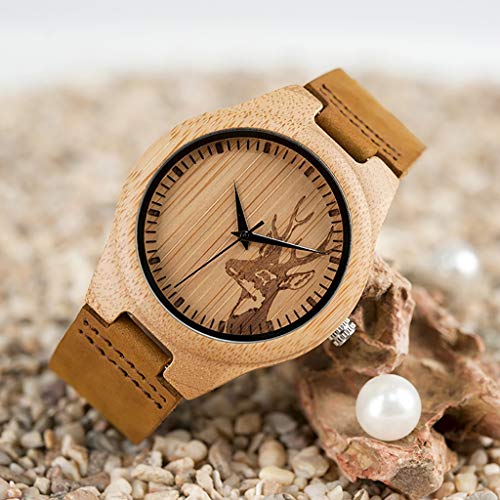 JSY - Reloj de madera de bambú con correa de cuero real, reloj de madera, para hombre y mujer, reloj de pulsera (color: macho)