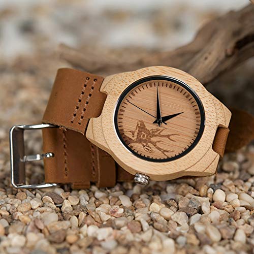 JSY - Reloj de madera de bambú con correa de cuero real, reloj de madera, para hombre y mujer, reloj de pulsera (color: macho)