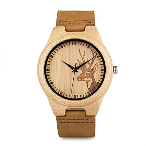 JSY - Reloj de madera de bambú con correa de cuero real, reloj de madera, para hombre y mujer, reloj de pulsera (color: macho)