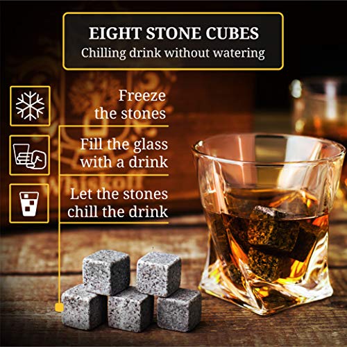 Juego de 2 vasos de whisky Twist. Set de regalo de piedras de whisky Bourbon. Juego de pinzas, posavasos, piedras de enfriamiento y gafas de bar - vaso de whisky en caja de regalo de madera