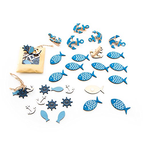 Juego de 42 piezas Streudeko Maritim con Pesca, ancla timón, madera (12 peces m. pegar, 24 Mini decorativo con aprox. 2,5 cm) + 6 ancla Pinzas de Madera