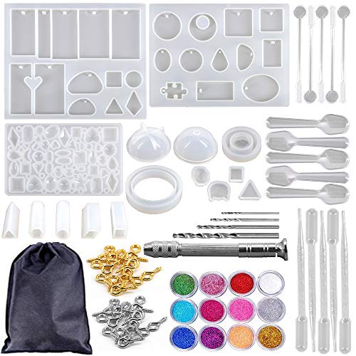 Juego de 94 moldes de resina y herramientas, kit de fabricación de joyas moldes de resina de silicona con taladro y bolsa de resina epoxi Kit kits de resina para principiantes