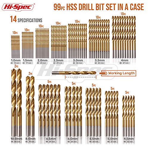 Juego de brocas métricas en acero HSS con recubrimiento de titanio Hi-Spec de 99 piezas de los tamaños más populares (1 a 10 mm) para madera, metal y plástico - En estuche resistente.