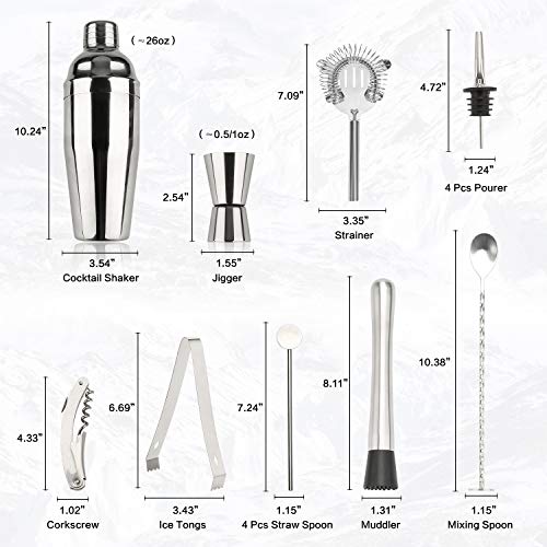 Juego de coctelera de coctelera: 16 piezas de kit de barman con soporte de bambú ecológico semicírculo, Kit de bricolaje para el hogar (17 x 13 x 29 cm)