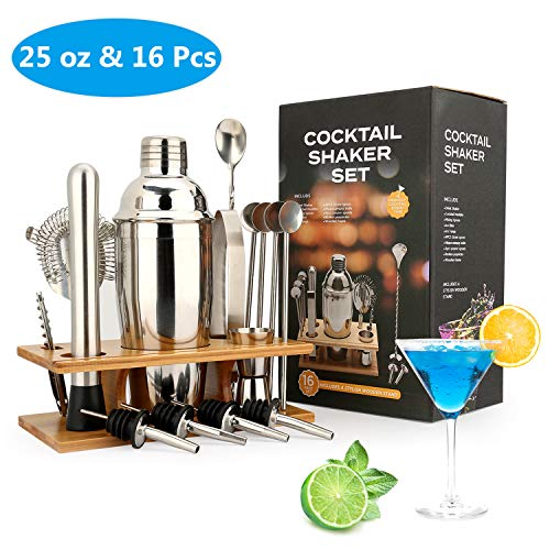 Juego de coctelera de coctelera: 16 piezas de kit de barman con soporte de bambú ecológico semicírculo, Kit de bricolaje para el hogar (17 x 13 x 29 cm)