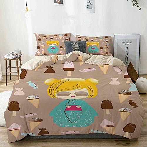 Juego de funda nórdica beige, ilustración japonesa de muñeca de verano Kokeshi con delicioso helado y dulces dulces, juego de cama decorativo de 3 piezas con 2 fundas de almohada Fácil cuidado antialé