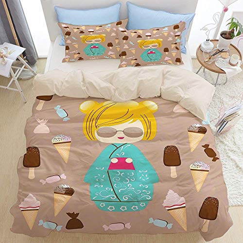 Juego de funda nórdica beige, ilustración japonesa de muñeca de verano Kokeshi con delicioso helado y dulces dulces, juego de cama decorativo de 3 piezas con 2 fundas de almohada Fácil cuidado antialé