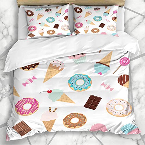 Juegos de fundas nórdicas Celebración Cupcake Patrón de cumpleaños Dulces Helado Helado Rosa Caramelo Postre Chocolate Ropa de cama de microfibra femenina con 2 fundas de almohada Fácil cuidado Antial