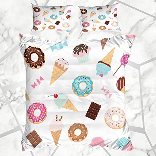 Juegos de fundas nórdicas Celebración Cupcake Patrón de cumpleaños Dulces Helado Helado Rosa Caramelo Postre Chocolate Ropa de cama de microfibra femenina con 2 fundas de almohada Fácil cuidado Antial