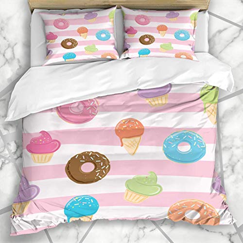 Juegos de fundas nórdicas Patrón femenino Dulces Helados Donuts Comida infantil Bebida Rosa Cupcake Pastel Cumpleaños Café brillante Ropa de cama de microfibra con 2 fundas de almohada Cuidado fácil A