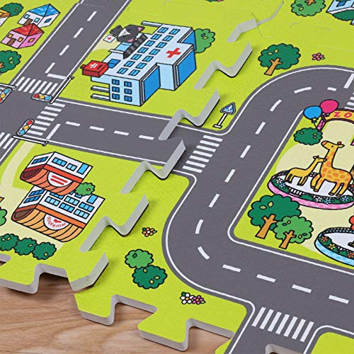 Jueyan® 9 Piezas Alfombras Infantil Alfombras Puzzle de Goma EVA Diseño de Ciudad para Niños y Bebés Juegos de Calle Suelo Protectora de Espuma Puzzles de Suelo Alfombrilla Educativa de Tráfico,Verde