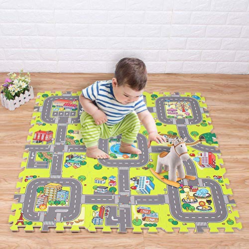 Jueyan® 9 Piezas Alfombras Infantil Alfombras Puzzle de Goma EVA Diseño de Ciudad para Niños y Bebés Juegos de Calle Suelo Protectora de Espuma Puzzles de Suelo Alfombrilla Educativa de Tráfico,Verde