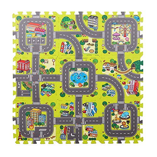 Jueyan® 9 Piezas Alfombras Infantil Alfombras Puzzle de Goma EVA Diseño de Ciudad para Niños y Bebés Juegos de Calle Suelo Protectora de Espuma Puzzles de Suelo Alfombrilla Educativa de Tráfico,Verde