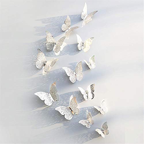 JUN-H 36 Piezas Adhesivos de Decoraciones de Mariposas en 3D Adhesivos de Arte de Pared de Bricolaje Decoración para Calcomanías para el Hogar Murales de Papel Decorativo (Estilo Plateado)