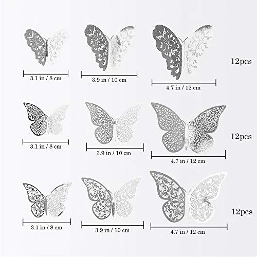 JUN-H 36 Piezas Adhesivos de Decoraciones de Mariposas en 3D Adhesivos de Arte de Pared de Bricolaje Decoración para Calcomanías para el Hogar Murales de Papel Decorativo (Estilo Plateado)