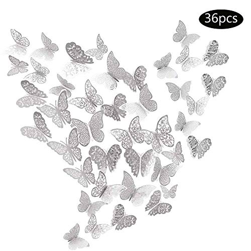 JUN-H 36 Piezas Adhesivos de Decoraciones de Mariposas en 3D Adhesivos de Arte de Pared de Bricolaje Decoración para Calcomanías para el Hogar Murales de Papel Decorativo (Estilo Plateado)