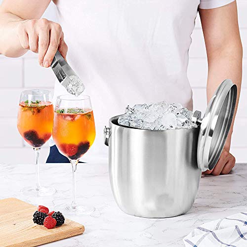 JUNSHUO Cubitera con Pinzas Tapas y Asa de Transporte, Cubo para Hielo de Acero Inoxidable Aislamiento de Doble Pared para Champan Que se Refresca, Cerveza Refrigerada Cubitera, 3 L