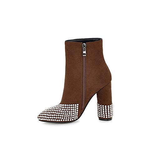 JXILY Botas de Moda para Mujer Botines con Cristales Botas Cremalleras Mujer Tacón de Tacón Grueso Puntiagudo Botines Tacón Alto,Marrón,37