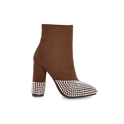 JXILY Botas de Moda para Mujer Botines con Cristales Botas Cremalleras Mujer Tacón de Tacón Grueso Puntiagudo Botines Tacón Alto,Marrón,37