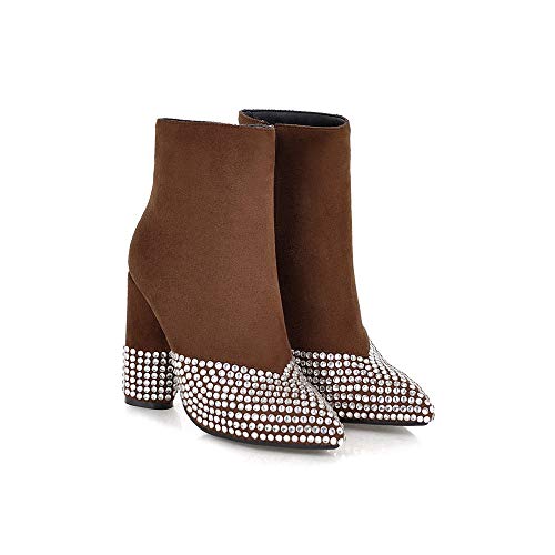 JXILY Botas de Moda para Mujer Botines con Cristales Botas Cremalleras Mujer Tacón de Tacón Grueso Puntiagudo Botines Tacón Alto,Marrón,37