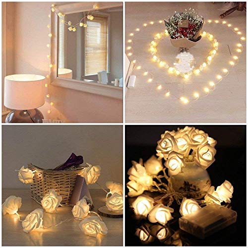 JZK 2M guirnalda de luces LED rosas flores luces cadena de pilas para decoración San Valentín bodas comuniones navidad fiestas, blanco cálido