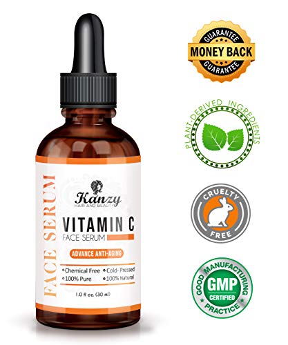 Kanzy facial Sérum con Vitamina C y ácido hialurónico puro, Mejor Bio Sérum antienvejecimiento y antiarrugas vegano natural y orgánico, crema hidratante para la piel y ojos 30ml