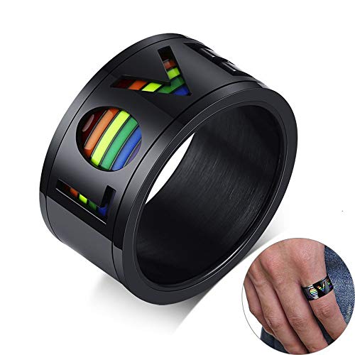 KAR Orgullo del Arco Iris LGBT Anillo, Anillo Spinner Negro de la Alianza de Boda Gay del Arco Iris Hombres Huecos Amor Brillante Acero Inoxidable giratoria liberar el estrés