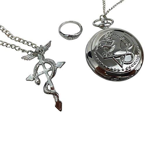 Katara Fullmetal Alchemist Set 3 Pcs-Reloj de Bolsillo, Colgante, Anillo, Anime Disfraz Cosplay, color plata, 4.5 cm (1736)